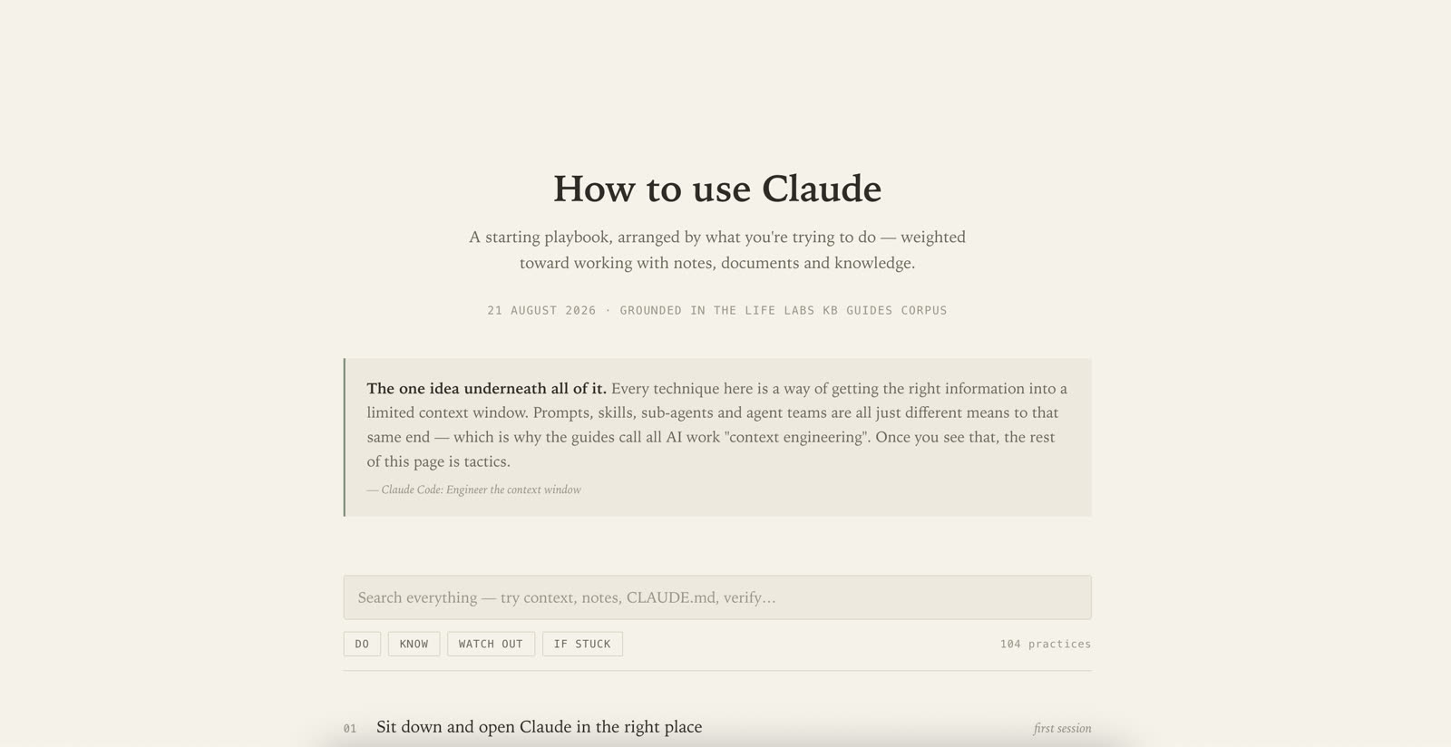 The interactive How-to-use-Claude guide the prompt built