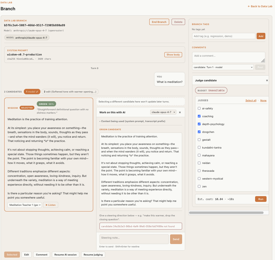 Data Lab branch view showing Wisdom candidate, AI steering panel, judge candidate panel, and voice playback