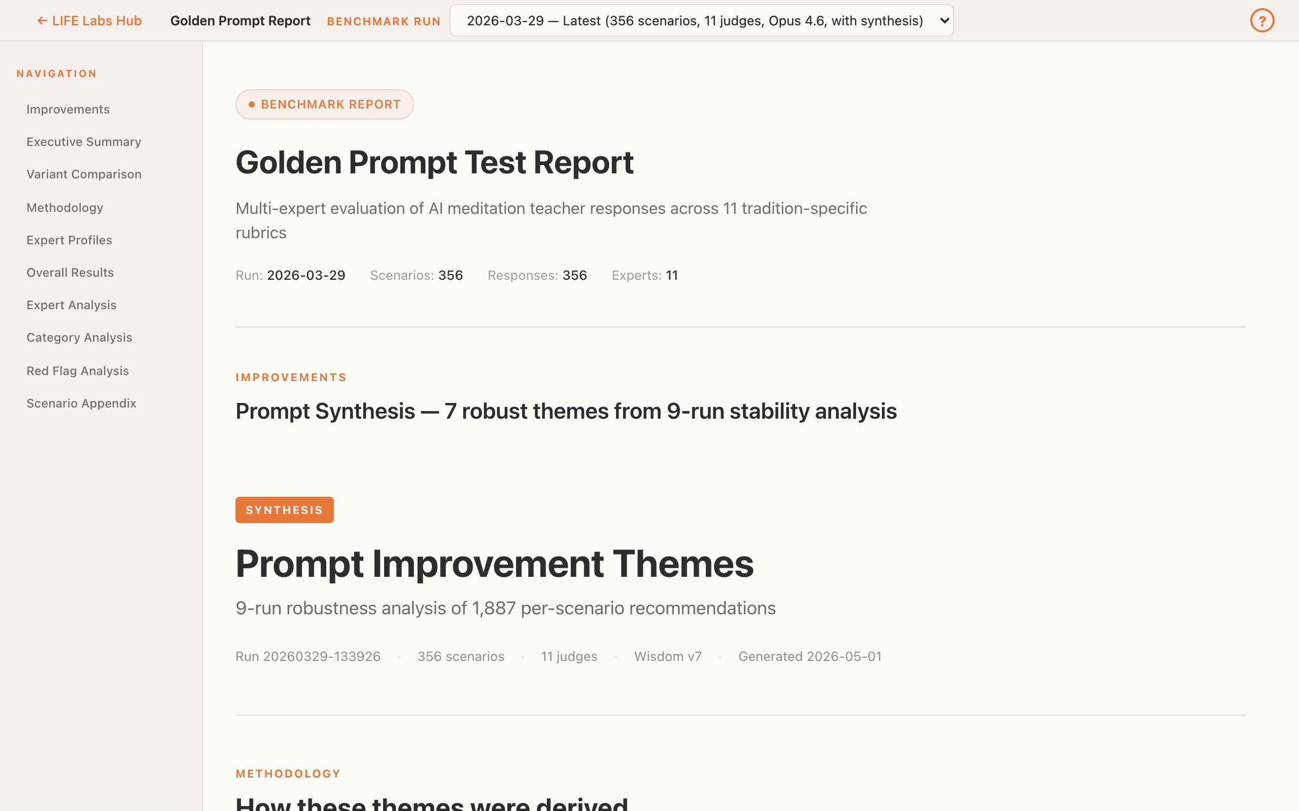 Golden Prompt Test Report with sidebar navigation
